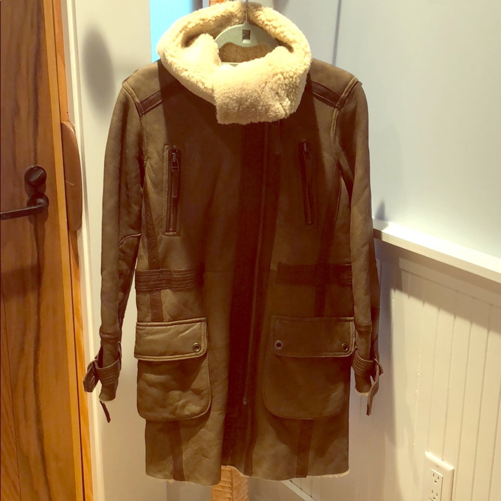 Taupe leather and shearling coat by Topshop